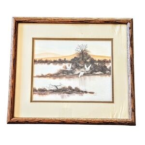 Vintage F. Massa Lake Bird Framed Matted Print Watercolor 15x13 in